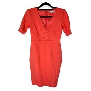 Trina Turk bright coral short sleeve Art Deco embroidered midi dress